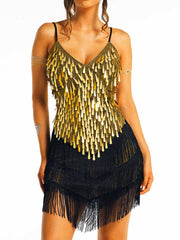 Gold Sequin Black Tassel Dress