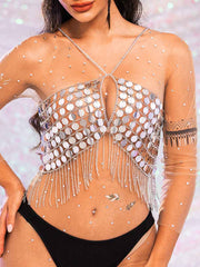 Metal Chain Silver Sequin Tassel Bra Top