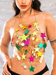 Star Sequin Top - Gold Metal Chain Round Sequin Top