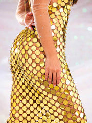 Gold Sequin Midi Dress with Open Back