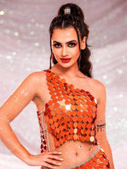 Sparkly Two Piece Set - Orange Sequin Top & Orange Sequin Skirt