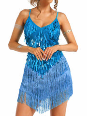 Thin Strap Blue Sequin Tassel Dress