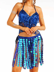 Blue Shiny Tassel Two Piece Set