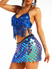 Blue Sequin Tassel Bra + Sequin Skirt Set