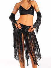 Black Sequin Fringe Set with Sleeves