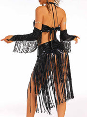 Black Sequin Fringe Set with Sleeves