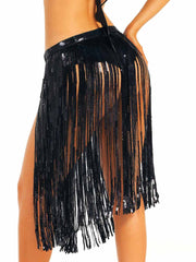 Black Sequin Tassel Midi Skirt