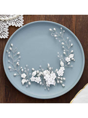 Silver Vine White Flower Leaf Pearl Hair Accessory