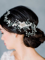 Silver Vine White Flower Leaf Pearl Hair Accessory