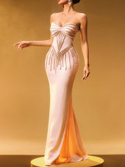 Sequin Embellished Strapless Diamond Chain Mermaid Gown