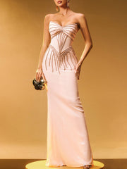 Sequin Embellished Strapless Diamond Chain Mermaid Gown