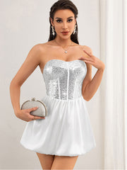 Silver Sequin Patchwork White Strapless Dress