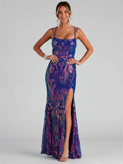 Long High-Slit Sequin Spaghetti Strap Evening Gown