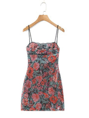 French Vintage Rose Sequin Spaghetti Strap Dress