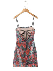 French Vintage Rose Sequin Spaghetti Strap Dress