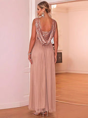 Sleeveless V-Neck Sequin Chiffon Patchwork Evening Gown