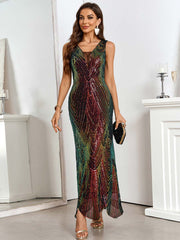 Gradient Burgundy Deep V-Neck Sleeveless Sequin Dress