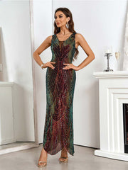Gradient Burgundy Deep V-Neck Sleeveless Sequin Dress