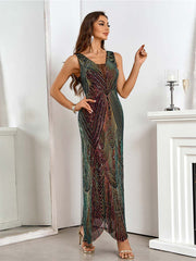 Gradient Burgundy Deep V-Neck Sleeveless Sequin Dress