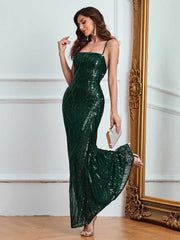 Emerald Green Spaghetti Strap Sequin Party Maxi Dress