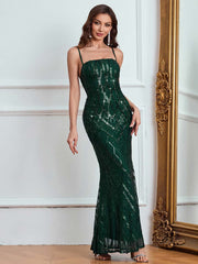 Emerald Green Spaghetti Strap Sequin Party Maxi Dress