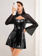 Sequin & Mesh Panel Tube Top Dress with Flared Sleeves
