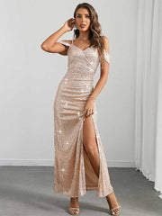 Sequin Flutter Sleeve Slit Spaghetti Strap Party Gown