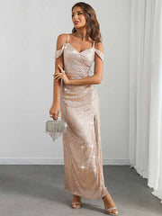 Sequin Flutter Sleeve Slit Spaghetti Strap Party Gown