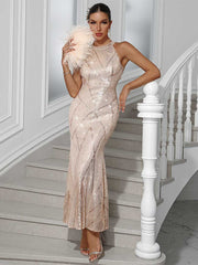 Champagne Sequin Mermaid Maxi Party Gown