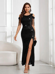 Sequin Maxi Gown with Flowing Sleeves and High Slit