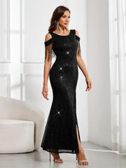 Sequin Maxi Gown with Flowing Sleeves and High Slit