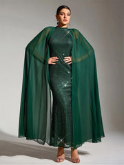 Green Sequin Cape Sleeve Round Neck Party Maxi Dress