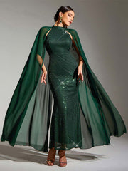 Green Sequin Cape Sleeve Round Neck Party Maxi Dress