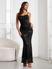 Mermaid Sequin Spaghetti Strap Black Maxi Party Gown