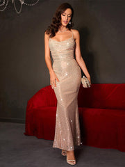 Champagne Sequin Maxi Dress �Sparkly Long Slip Gown