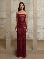 Slim-Fit Sequin Strapless Backless Gown with Slit