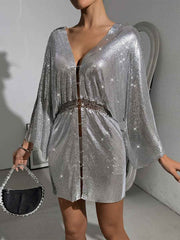 Loose Metallic Sequin V-Neck Dress