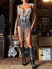 Rhinestone Fringe Cut-Out Bodysuit (Luxury)