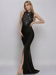 Mermaid Sequin Slit Black Maxi Gown