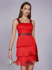 Colorblock Sequin Fringe Slip Party Dress