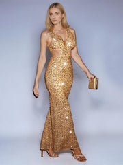 Mermaid Sequin V-Neck Cutout Champagne Gown
