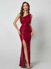 One-Shoulder Sequin Cutout Mermaid Evening Gown