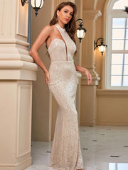 Asymmetrical Halter Sequin Mermaid Dress