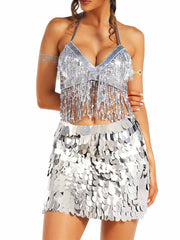 Silver Tassel Bra and Sequin Skirt Set