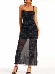 Black Slim-Fitting Long Dress with Pearl Rhinestones