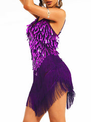 Purple Sequin Tassel Spaghetti Strap Dress