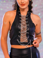 Black Crop Top With Rhinestones - Punk Metal Chain Top