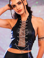 Black Crop Top With Rhinestones - Punk Metal Chain Top