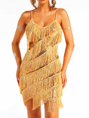 Slim-Fitting Gold Sequin Tassel Suspender Dress