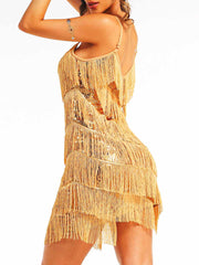 Slim-Fitting Gold Sequin Tassel Suspender Dress